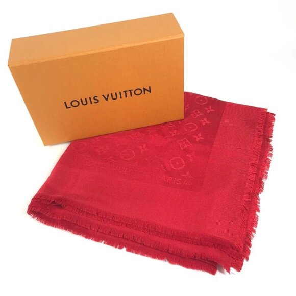 LOUIS VUITTON Monogram Stole/Shawl Scarf Fringe shawl wool / silk Red - Picture 1 of 16